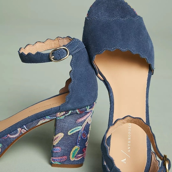 Anthropologie Platform Sandal Heel Womens 9 Ankle Strap Suede Floral Boho Blue - Picture 2 of 11